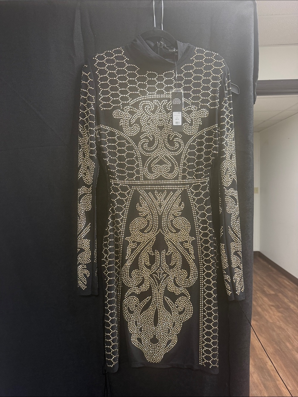 Fashion Nova Black Long-Sleeve Studded Bodycon Dress, runs small. Tagged as 1x